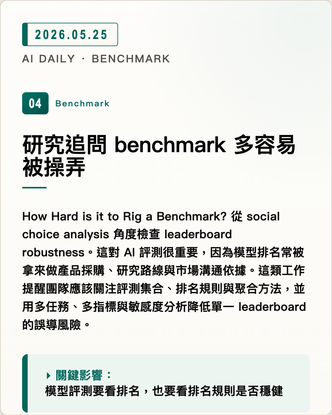 研究追問 benchmark 多容易被操弄 圖片摘要