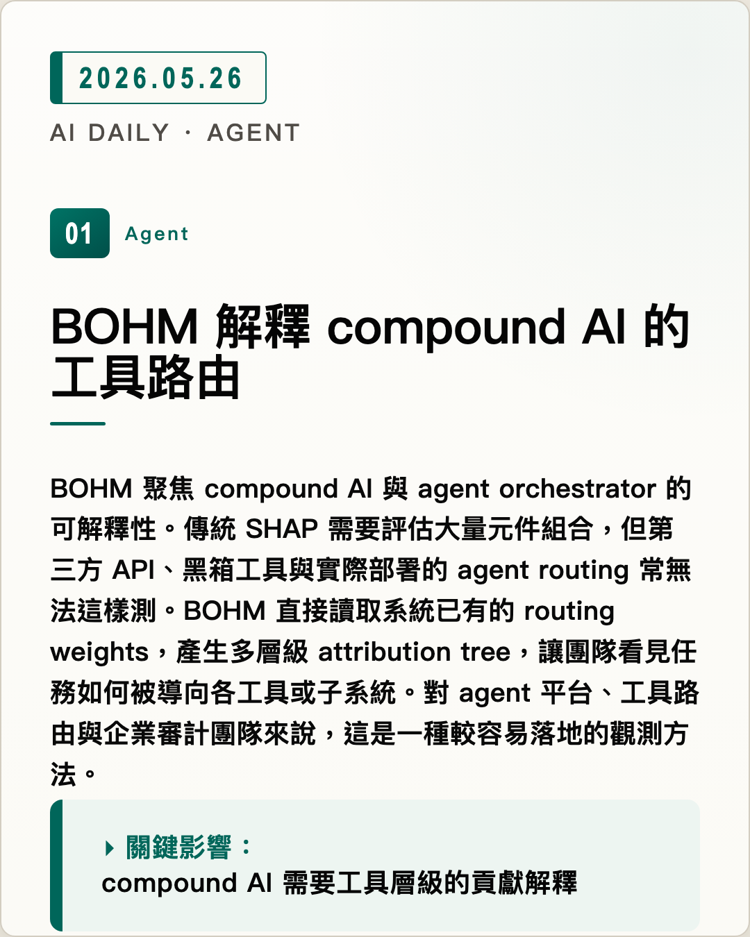 BOHM 解釋 compound AI 的工具路由 圖片摘要