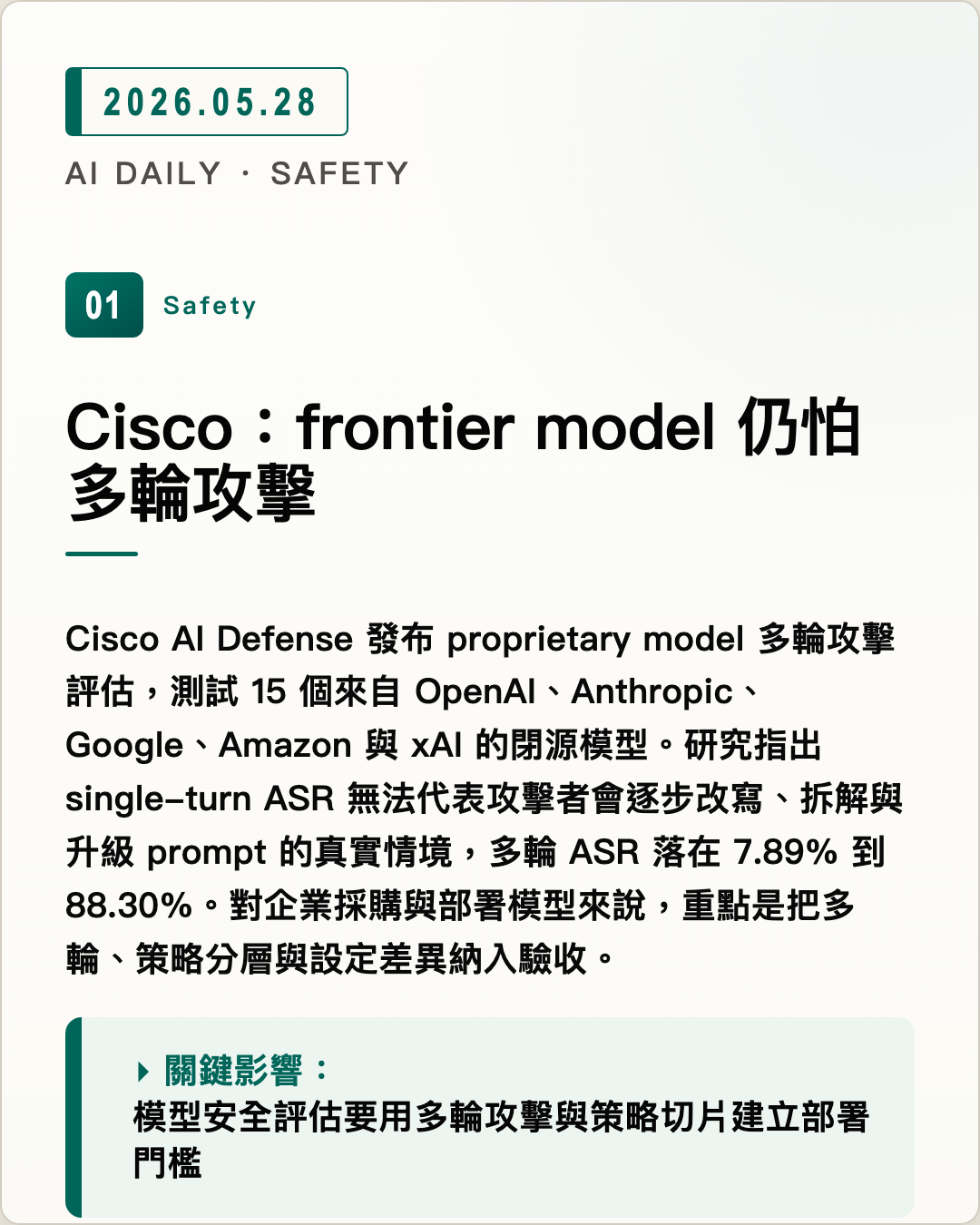Cisco：frontier model 仍怕多輪攻擊 圖片摘要