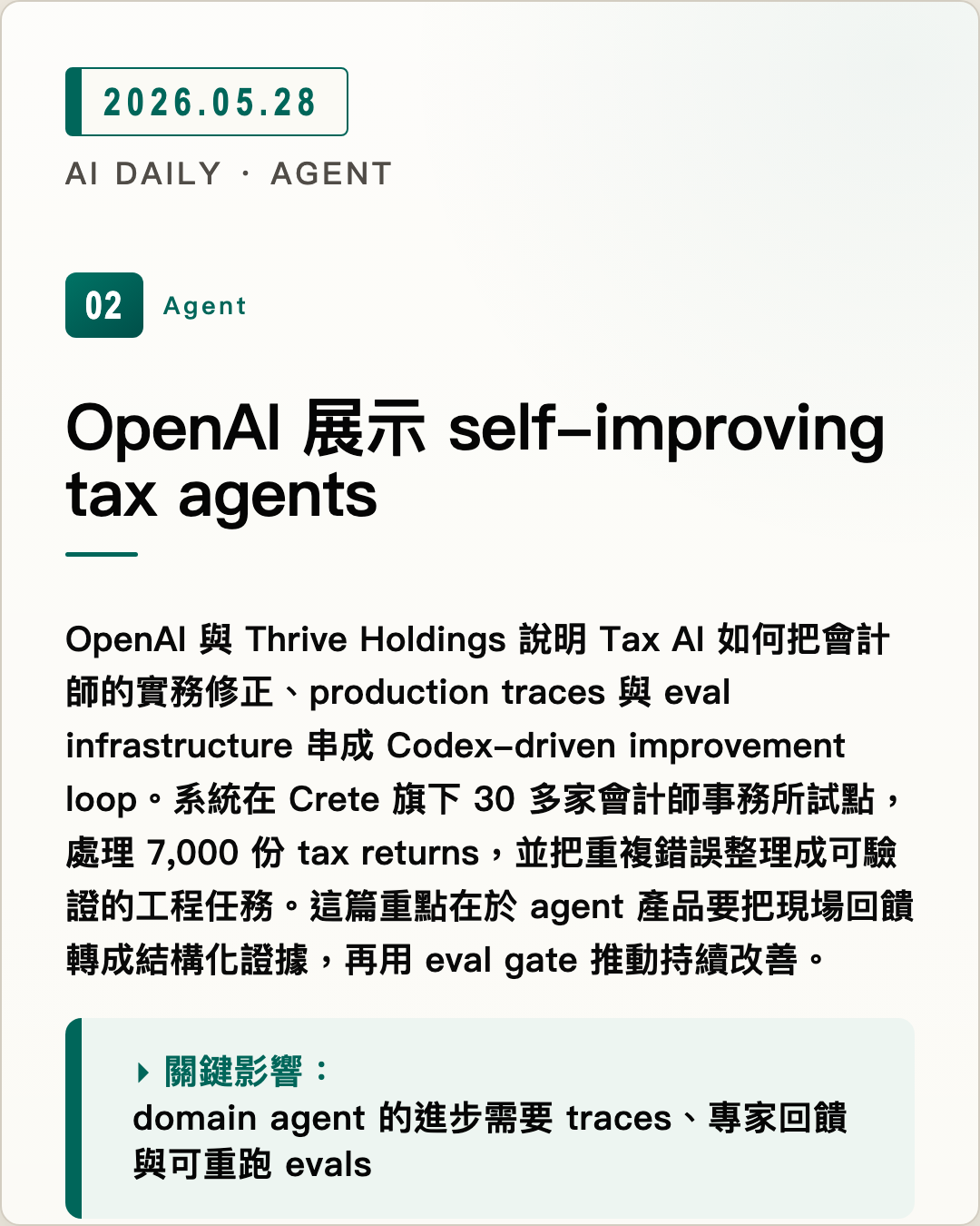 OpenAI 展示 self-improving tax agents 圖片摘要