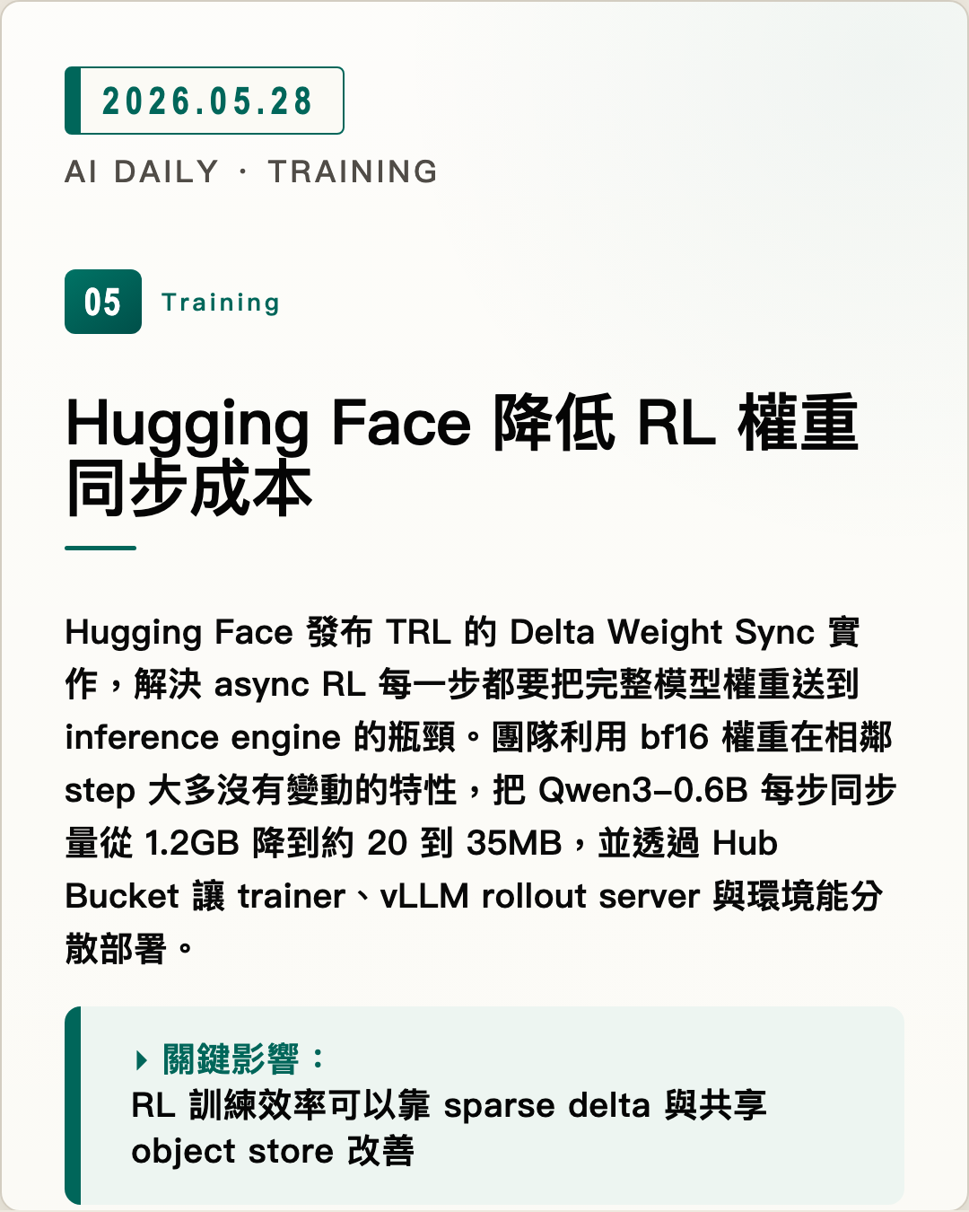 Hugging Face 降低 RL 權重同步成本 圖片摘要