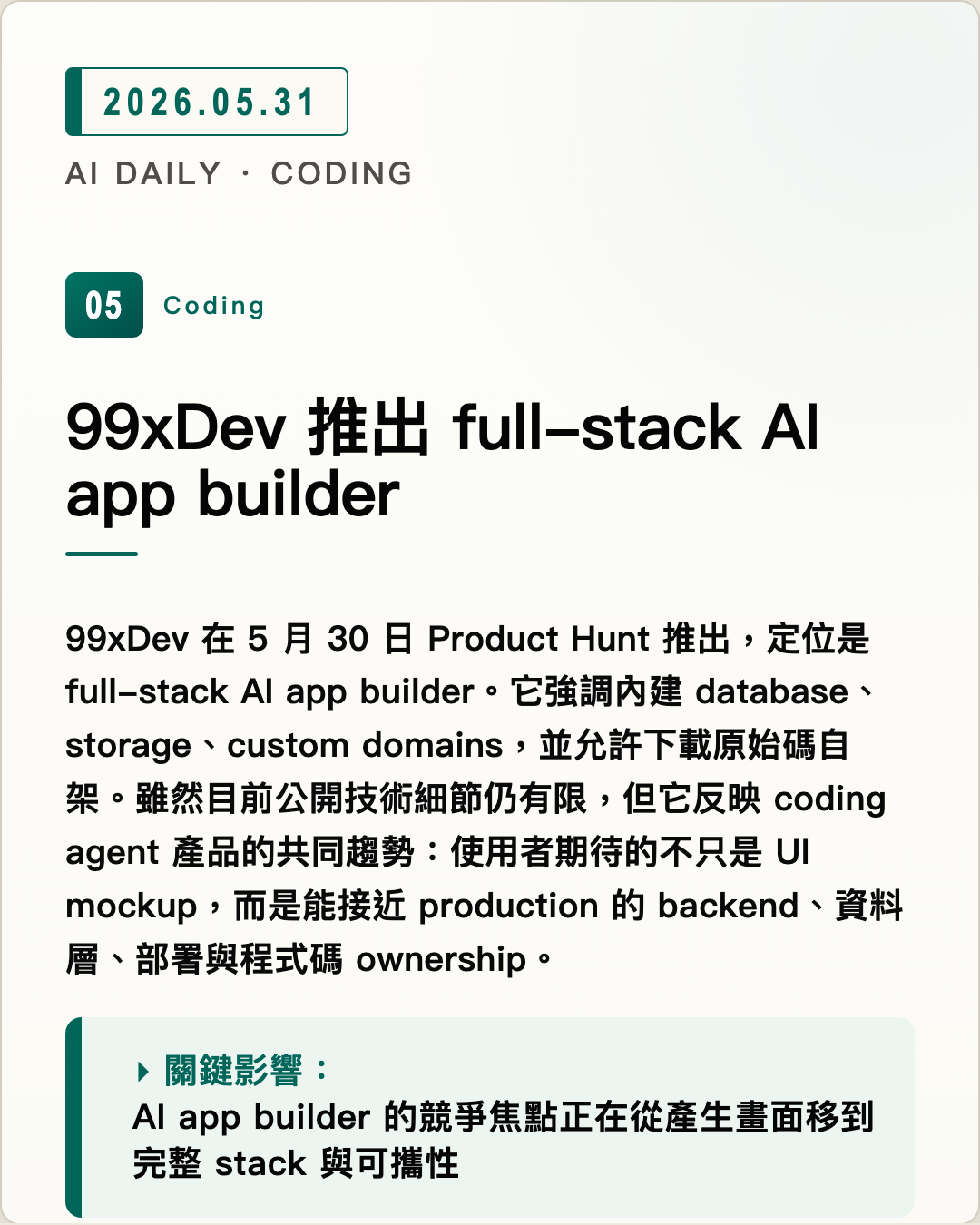 99xDev 推出 full-stack AI app builder 圖片摘要