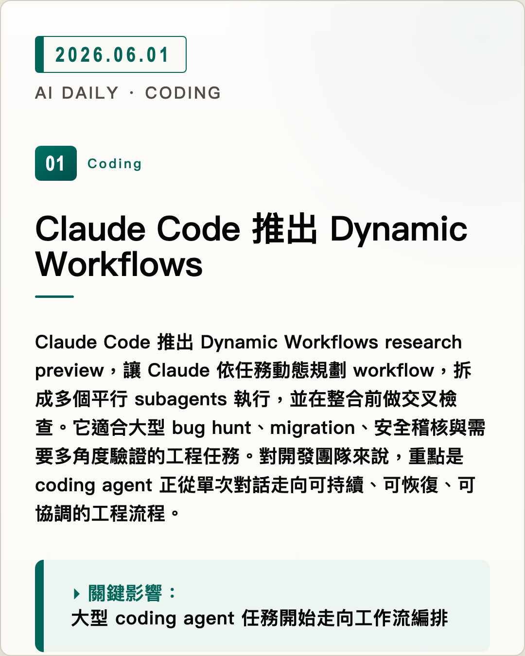 Claude Code 推出 Dynamic Workflows 圖片摘要