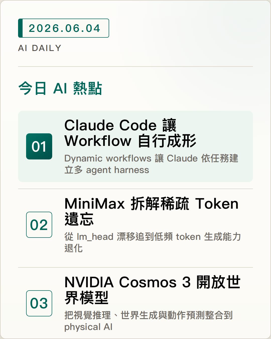2026-06-04 AI Daily 封面：Claude Code 讓 Workflow 自行成形、MiniMax 拆解稀疏 Token 遺忘、NVIDIA Cosmos 3 開放世界模型 等 5 項 AI 技術與產品重點