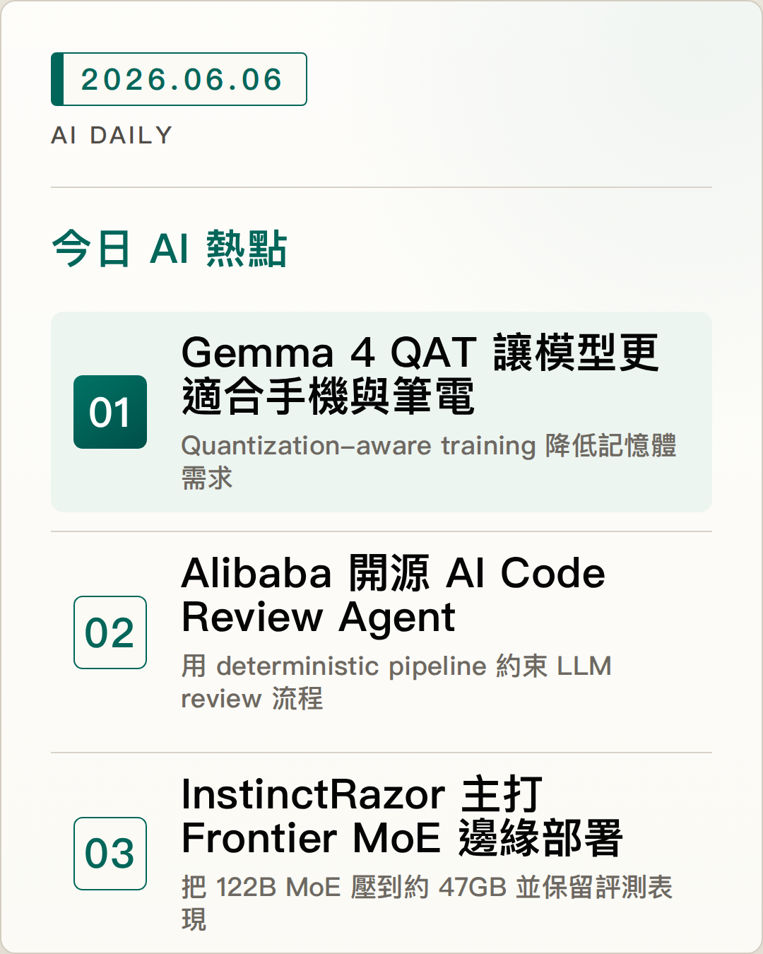 2026-06-06 AI Daily 封面：Gemma 4 QAT 讓模型更適合手機與筆電、Alibaba 開源 AI Code Review Agent、InstinctRazor 主打 Frontier MoE 邊緣部署 等 5 項 AI 技術與產品重點