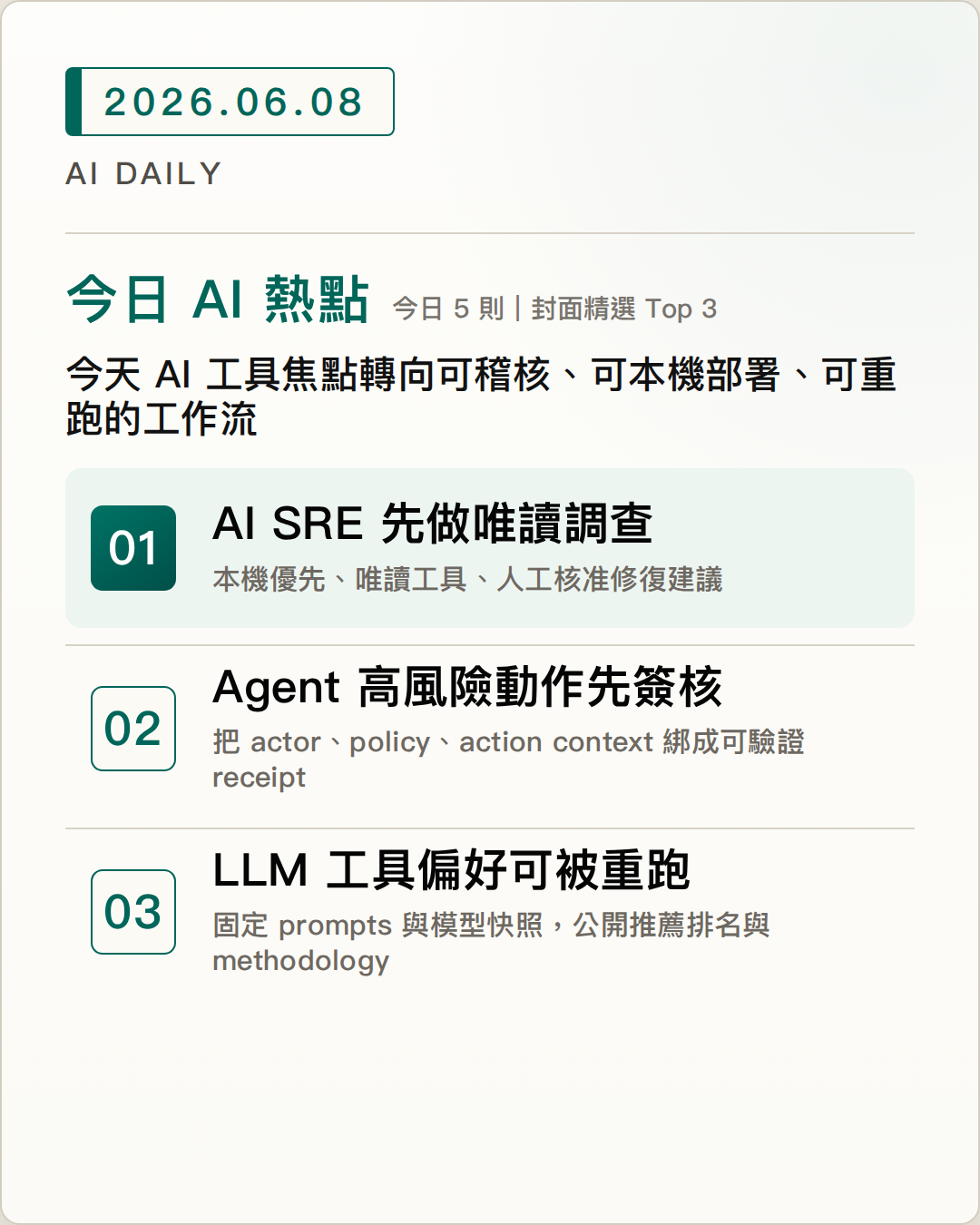 2026-06-08 AI Daily 封面：Nightwatch 把告警風暴整理成 AI SRE 調查流程、EMILIA Protocol 要求高風險 agent 動作先取得簽核、Preseason 開源追蹤 LLM 會推薦哪些開發工具 等 5 項 AI 技術與產品重點