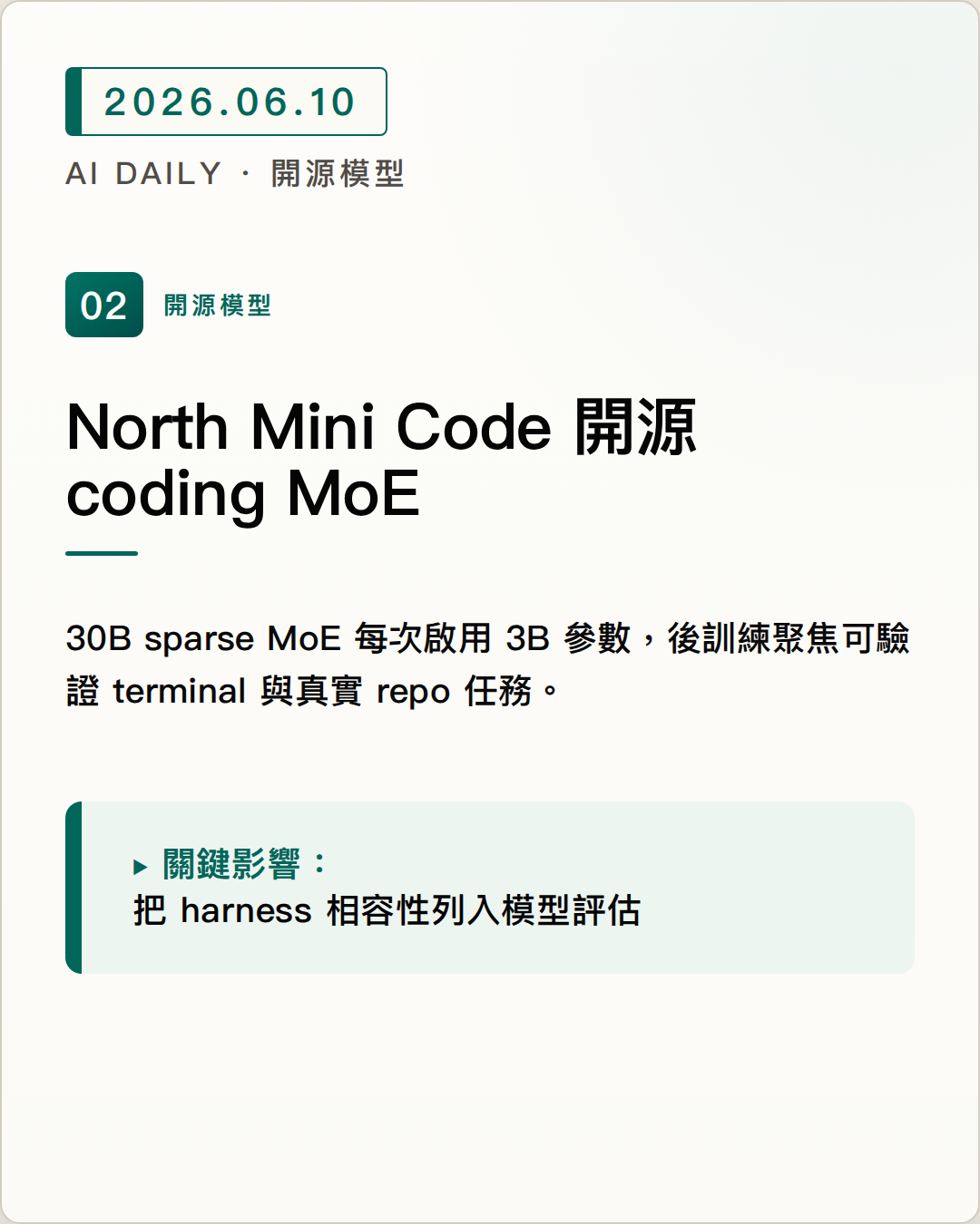 Cohere 開源 North Mini Code，30B MoE 專攻 agentic coding 圖片摘要