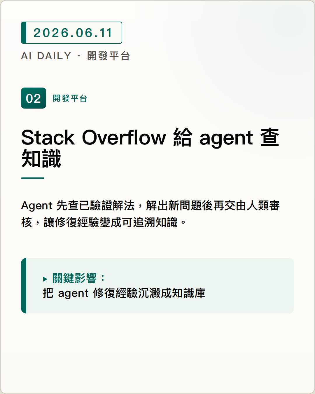 Stack Overflow for Agents 讓 coding agent 查詢並回寫可審核知識 圖片摘要