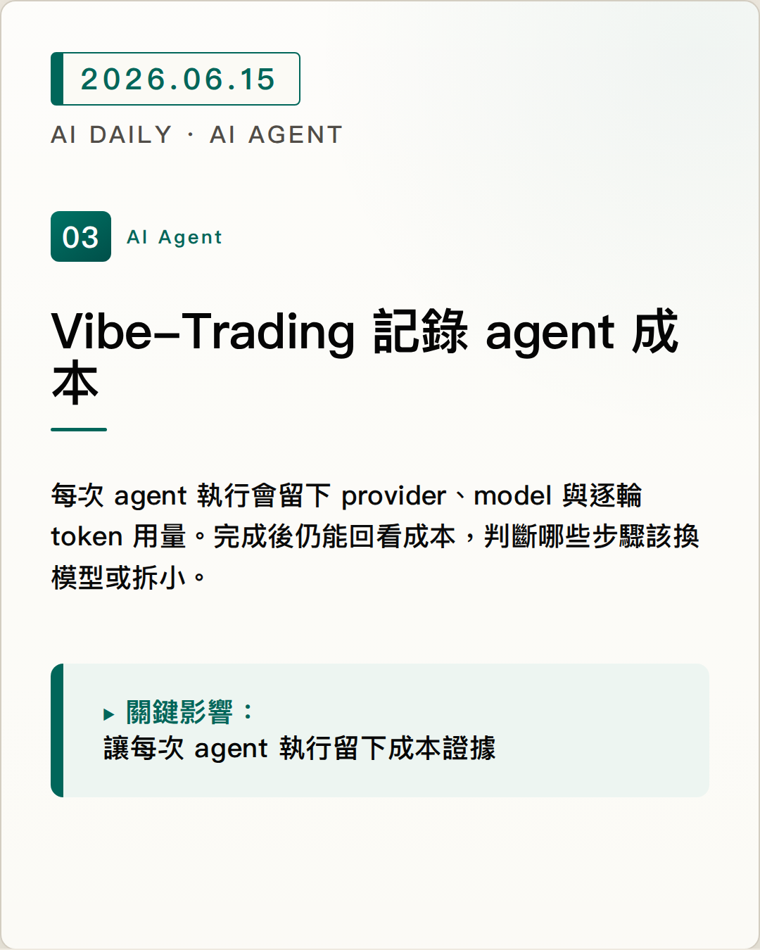 Vibe-Trading 新增每次 agent run 的 token 使用紀錄，讓任務完成後仍可稽核成本 圖片摘要
