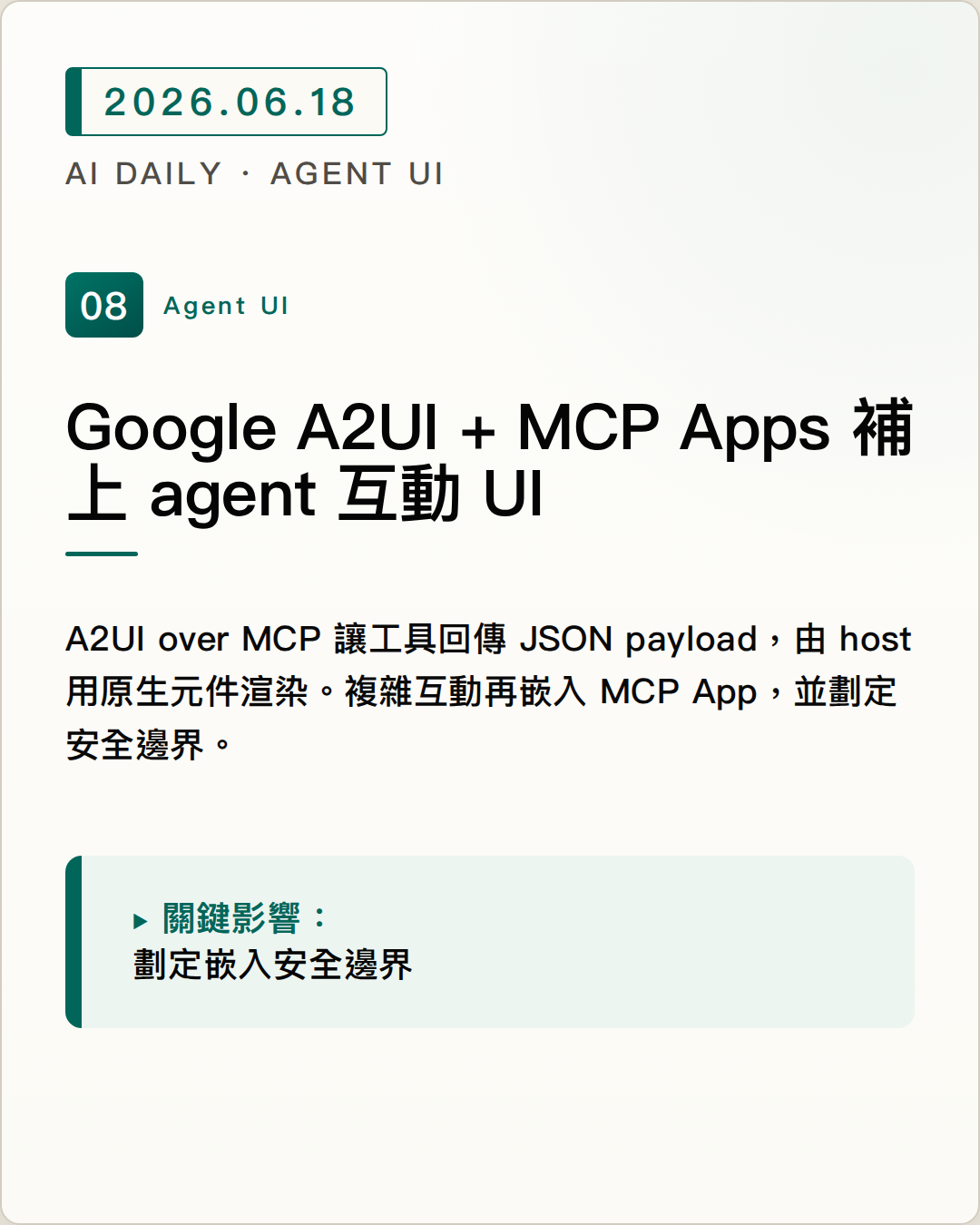 Google A2UI + MCP Apps 補上 agent 互動 UI 圖片摘要