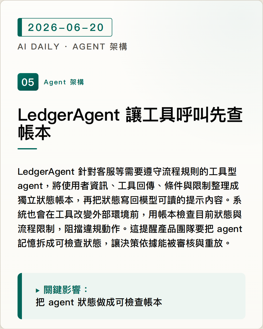 LedgerAgent 用獨立狀態帳本提升工具型 agent 的流程遵循 圖片摘要