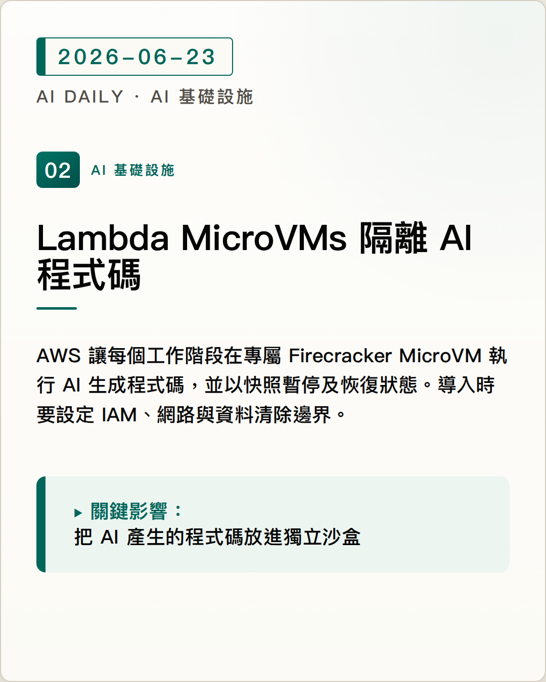 AWS Lambda MicroVMs 為 AI 生成程式碼提供隔離、可暫停的執行環境 圖片摘要
