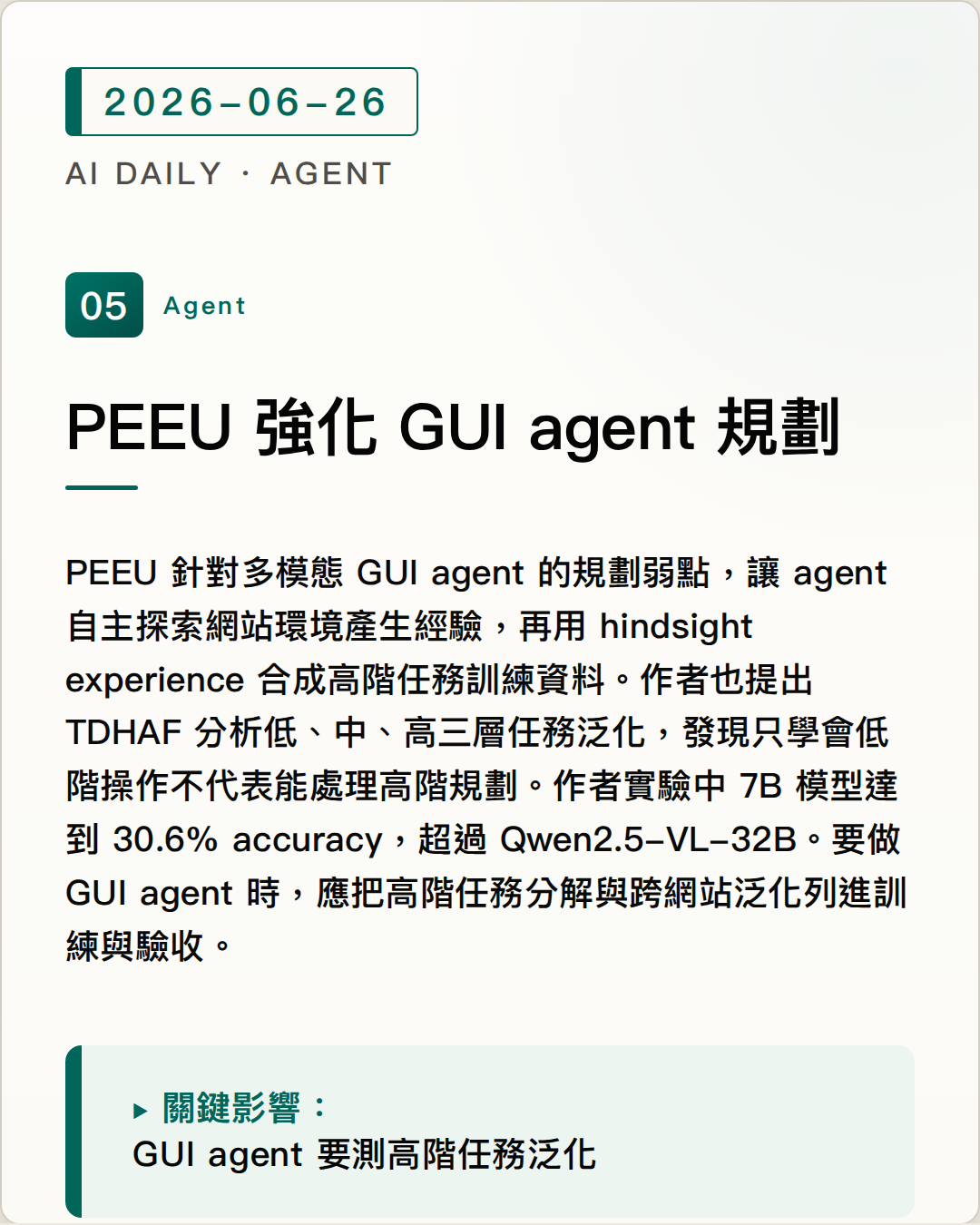 PEEU 讓小型 GUI agent 用 hindsight 任務提升規劃能力 圖片摘要