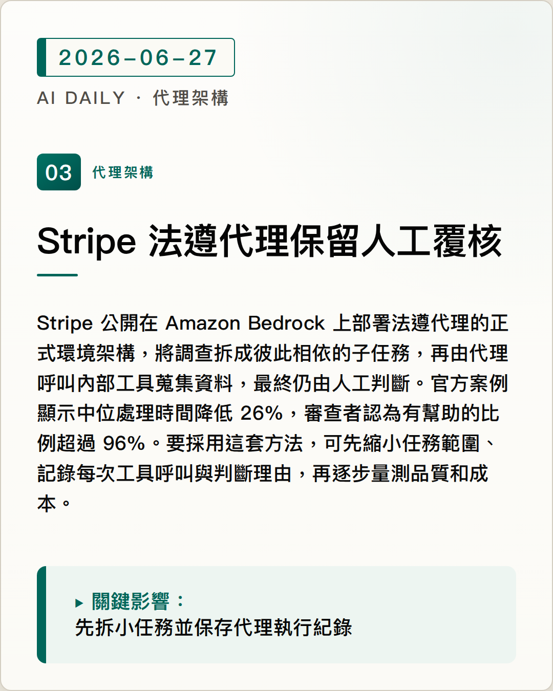 Stripe 以任務拆解與人工覆核打造可稽核的法遵代理 圖片摘要