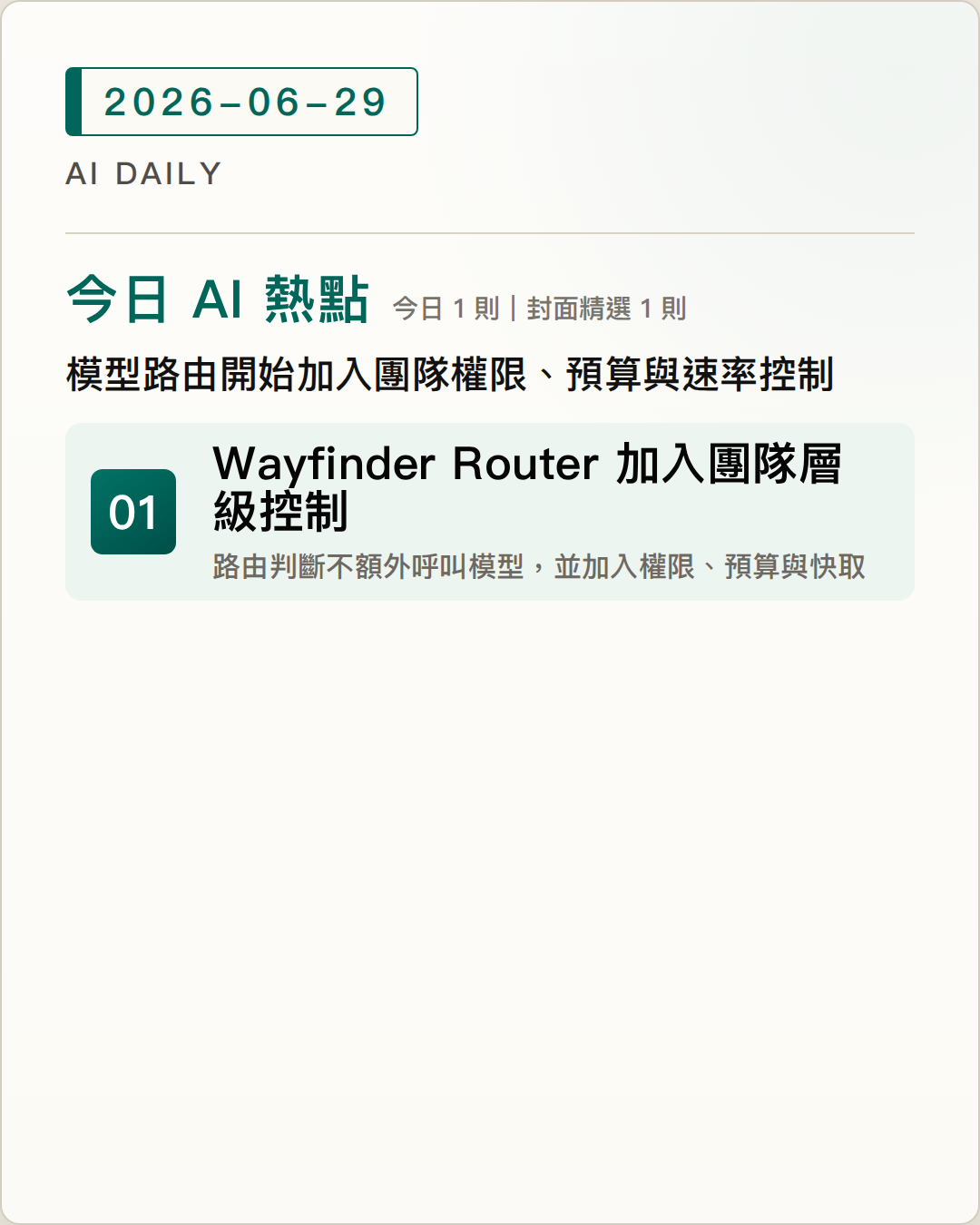 2026-06-29 AI Daily 封面：Wayfinder Router 加入團隊金鑰、預算與速率限制，模型路由走向可治理 等 1 項 AI 技術與產品重點