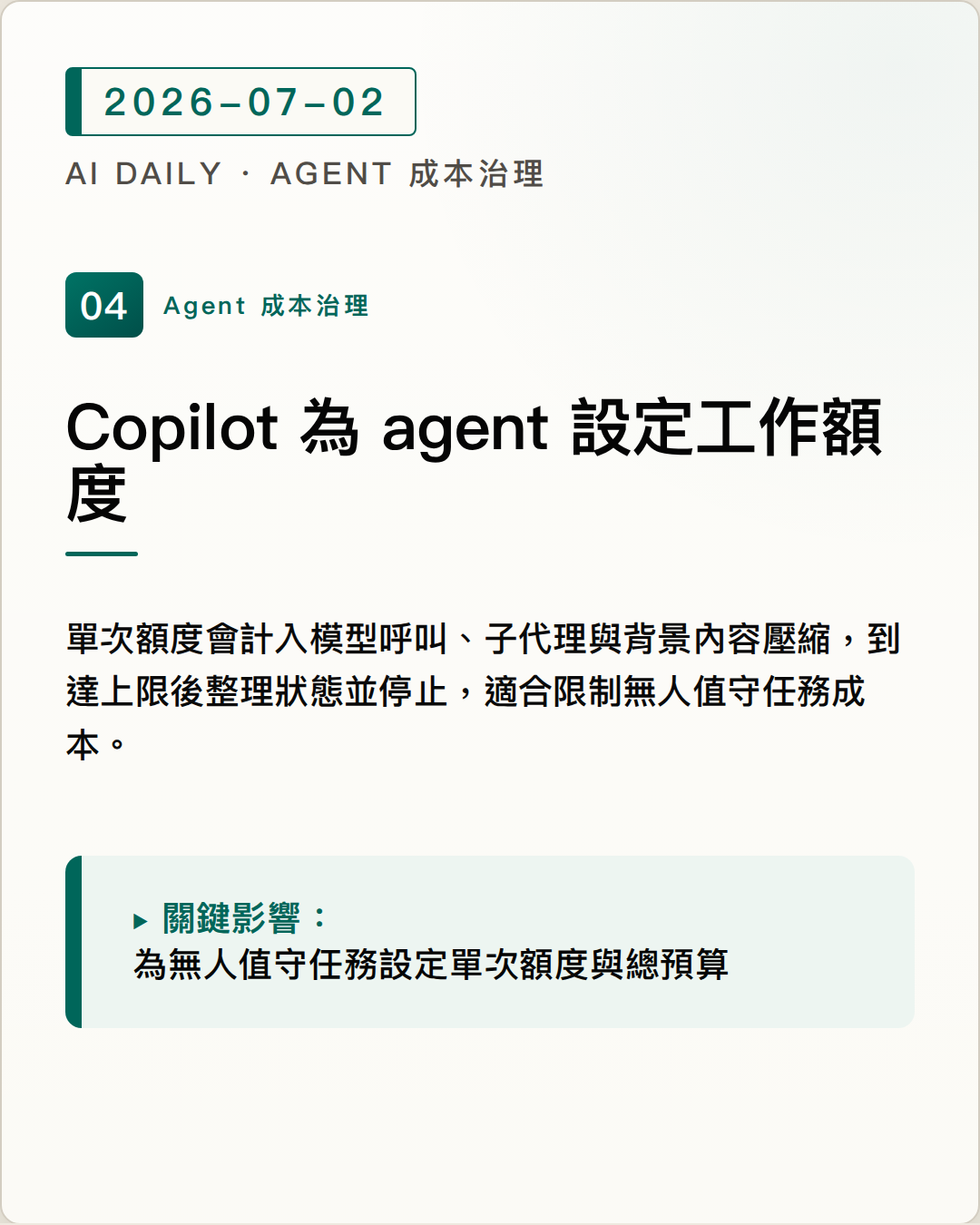 Copilot CLI 與 SDK 新增單次工作階段額度，限制無人值守 agent 成本 圖片摘要