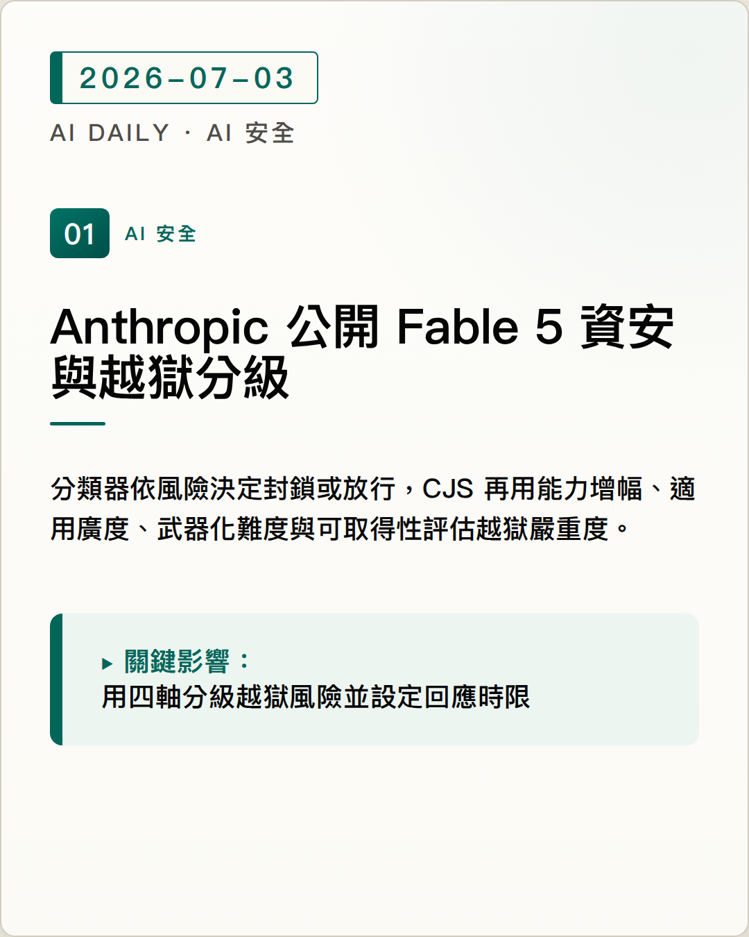 Anthropic 公開 Fable 5 資安防護分級與越獄嚴重度框架，界定可開放的防禦用途 圖片摘要