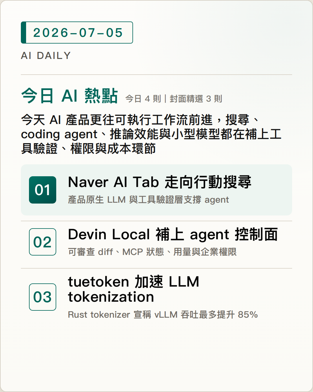 2026-07-05 AI Daily 封面：Naver AI Tab 將加入房地產、健康與瀏覽器 agent，把搜尋結果推向可執行任務、Devin Desktop 3.4.22 讓 autonomous coding 產出可審查 diff，並補上 MCP 與企業權限控制、tuetoken 以 Rust BPE tokenizer 替換 AutoTokenizer，宣稱 vLLM 吞吐可提升最多 85% 等 4 項 AI 技術與產品重點
