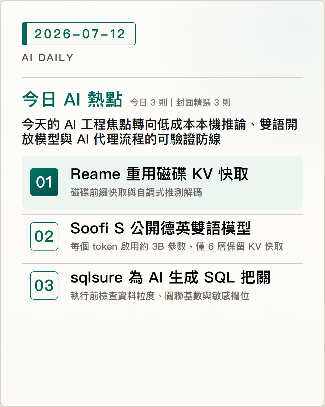 2026-07-12 AI Daily 封面：Reame 讓 CPU 推論重用磁碟 KV 快取，重複工作不必每次重算、Soofi S 公開德英雙語 30B-A3B 報告，降低長脈絡 KV 快取負擔、sqlsure 用確定性規則攔截 AI 生成 SQL 的重複加總與錯誤資料關聯 等 3 項 AI 技術與產品重點