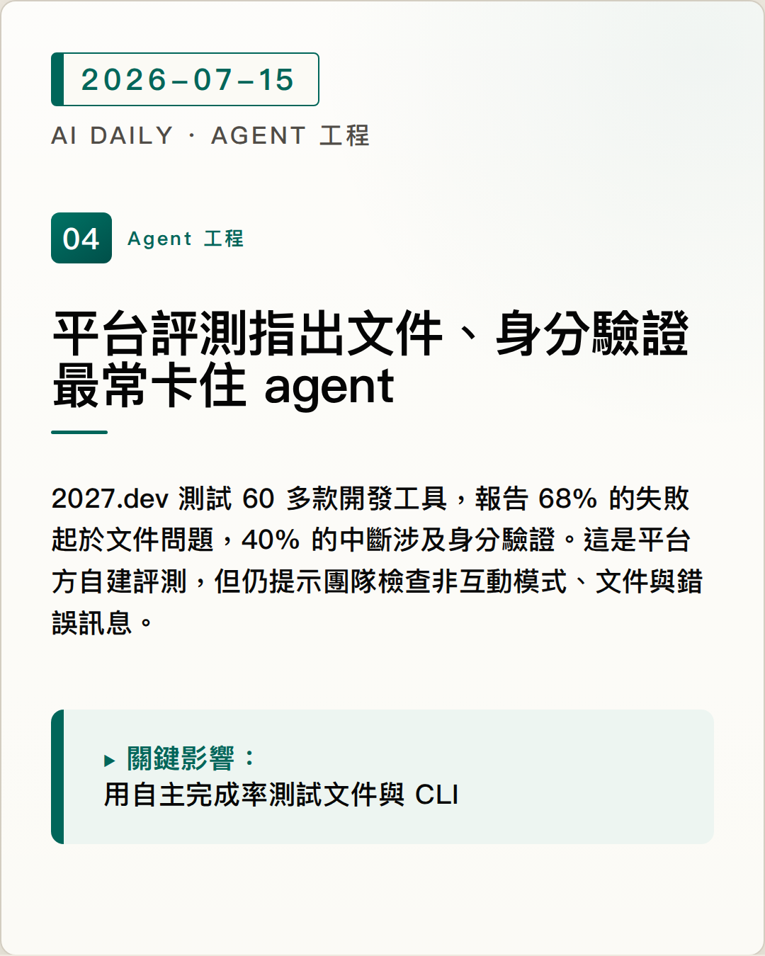 平台評測指出文件、身分驗證最常卡住 agent 圖片摘要