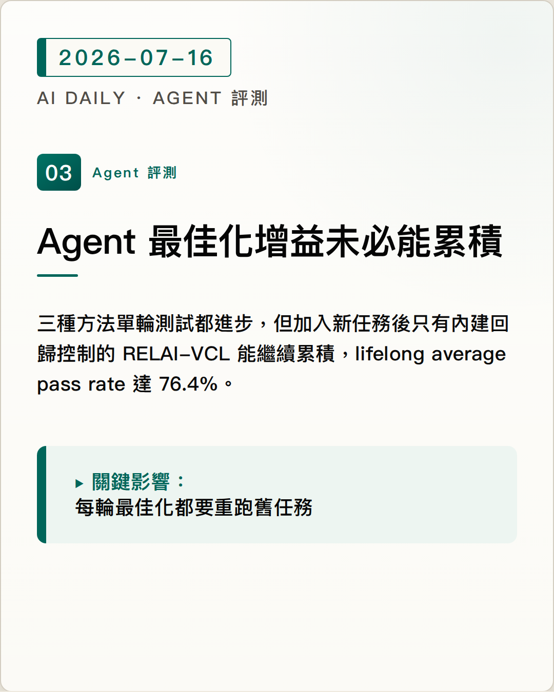 Agent 最佳化器的進步不一定能持續累積 圖片摘要