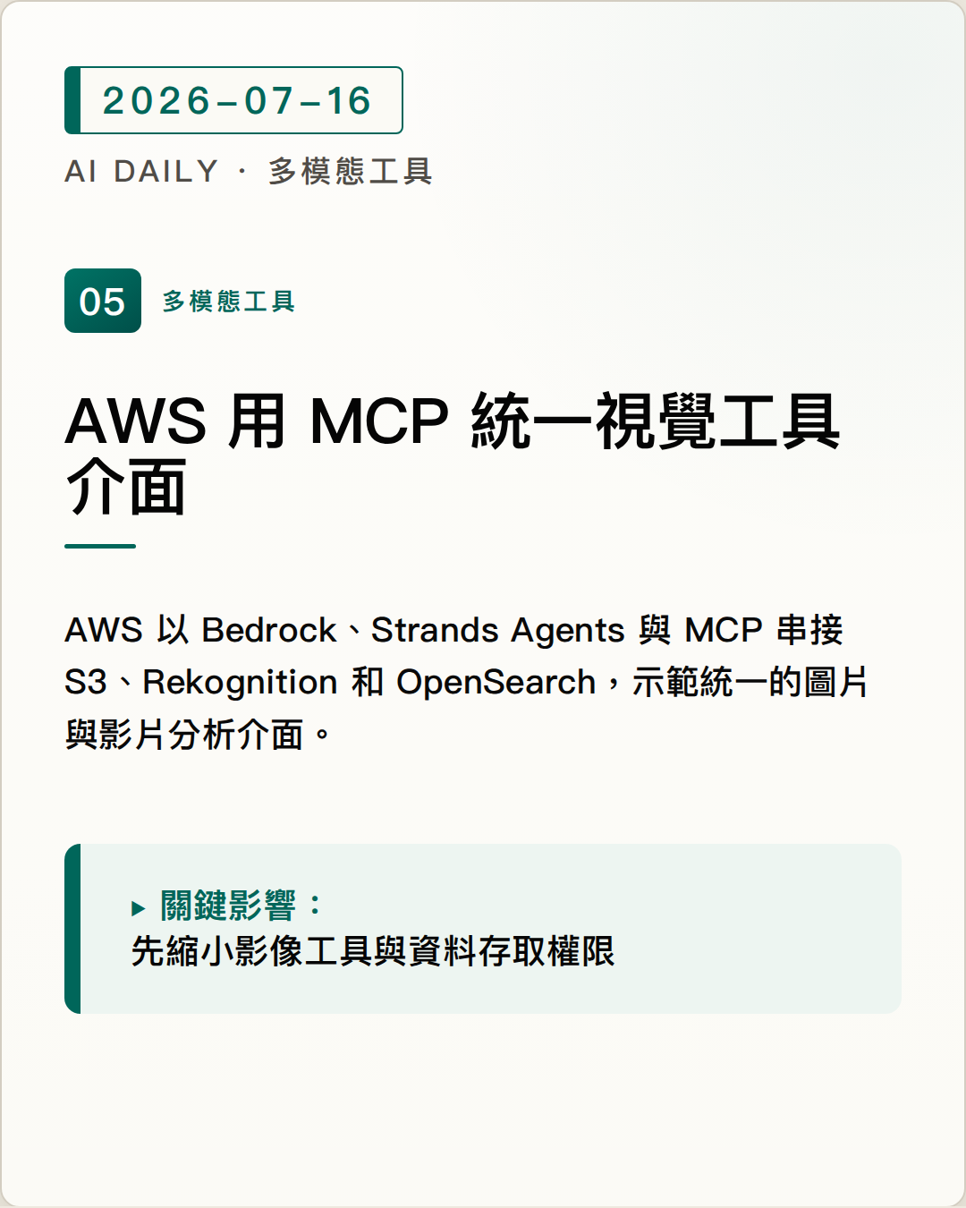 AWS 用 MCP 統一圖片與影片分析的工具介面 圖片摘要