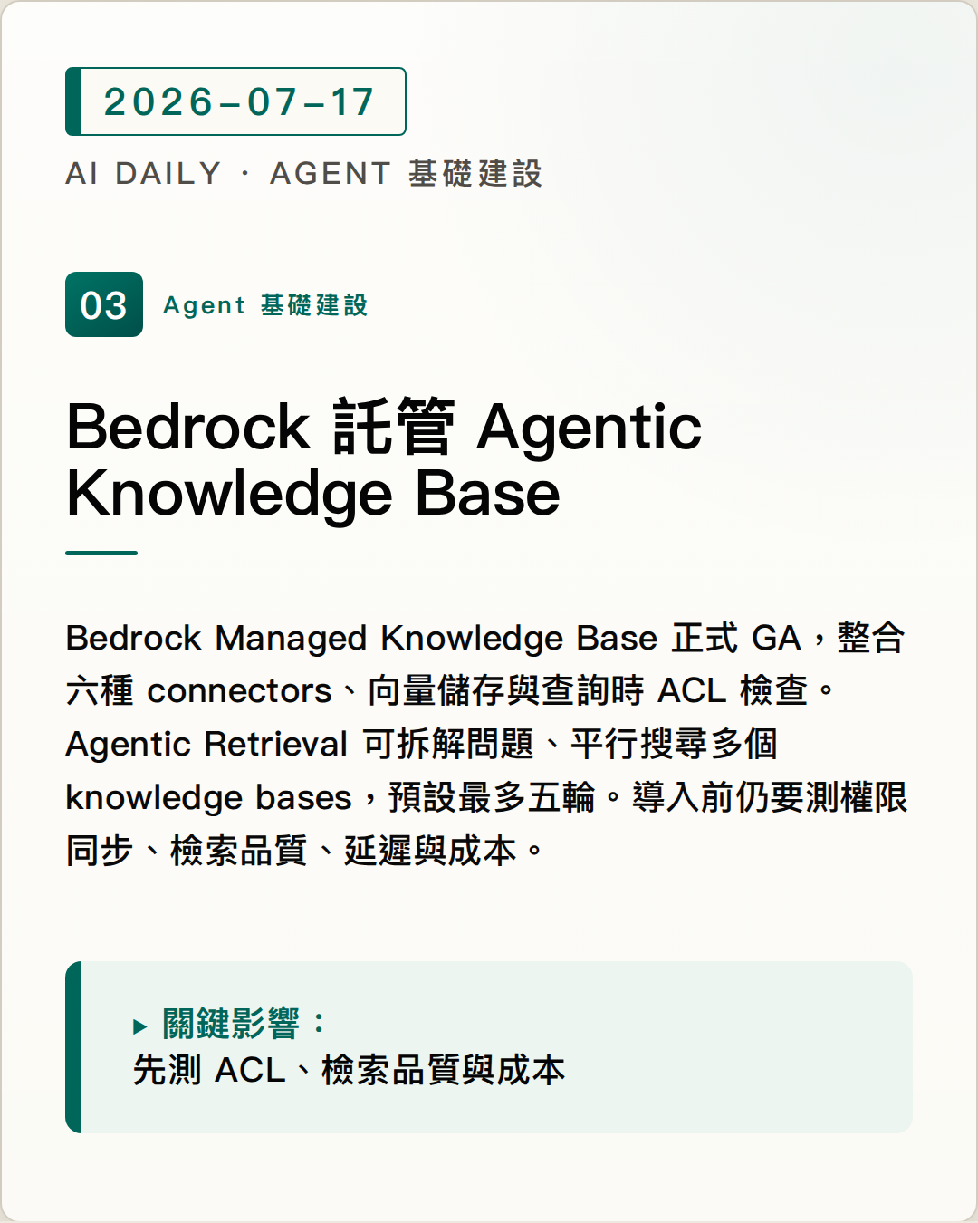 Amazon Bedrock 把 agentic retrieval 與 ACL 收進託管 Knowledge Base 圖片摘要