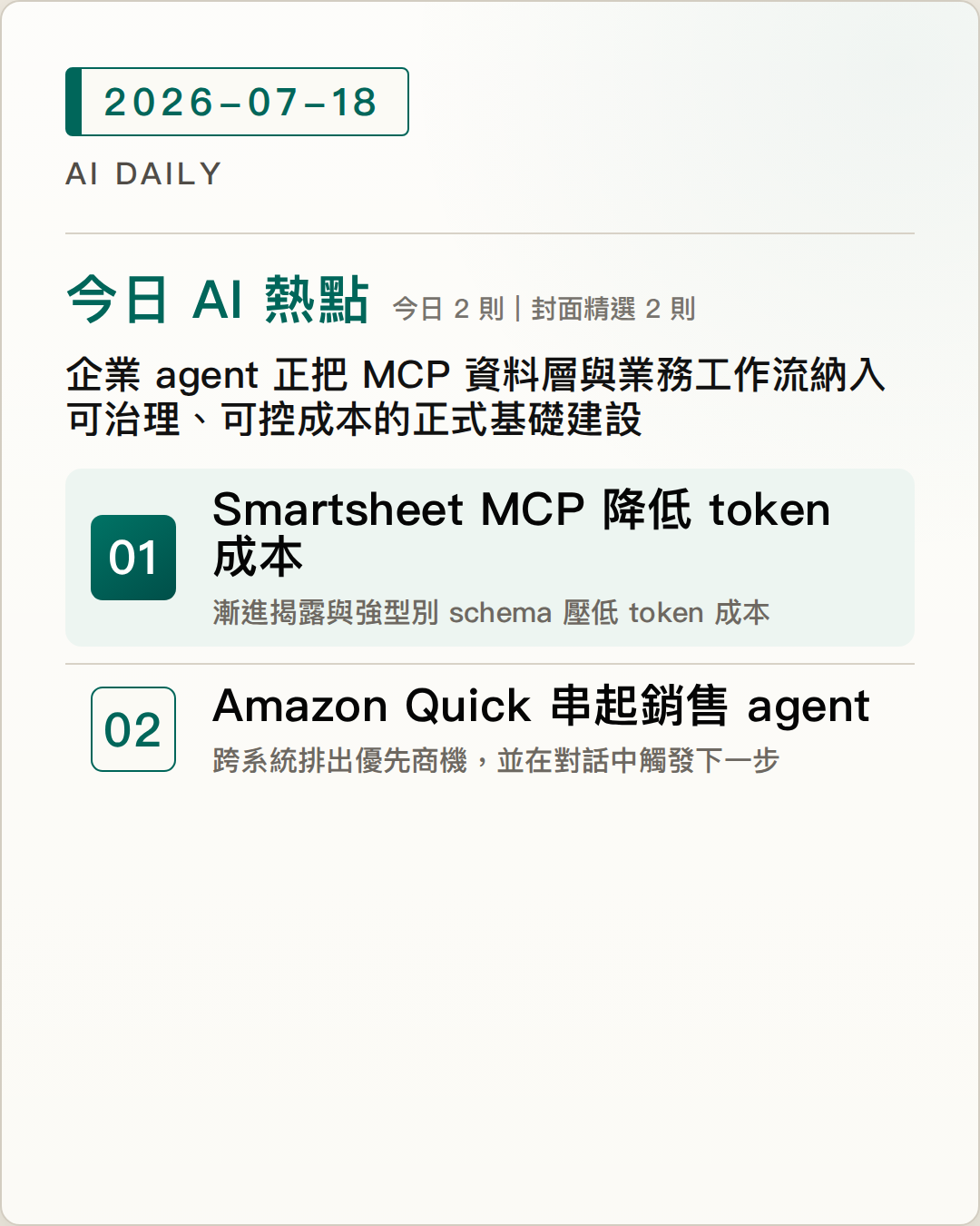 2026-07-18 AI Daily 封面：Smartsheet 公開 remote MCP server 的企業架構與 token 成本控管方法、Amazon Quick 把 CRM 訊號、排序與跟進動作串成 agentic 銷售流程 等 2 項 AI 技術與產品重點