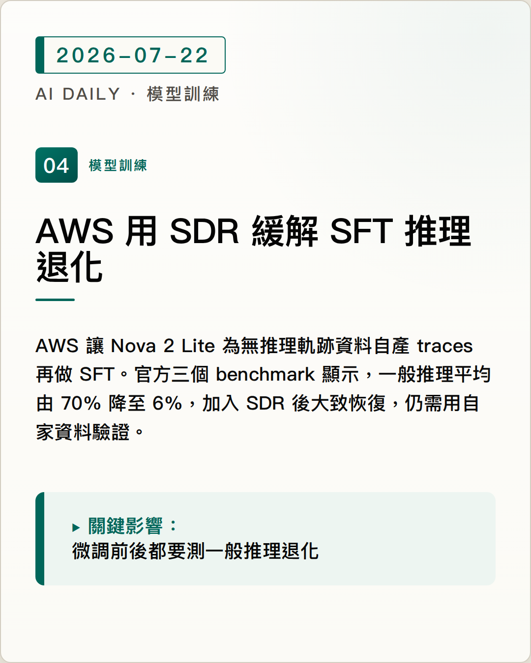 AWS 用 Self-Distilled Reasoning 緩解 SFT 推理退化 圖片摘要